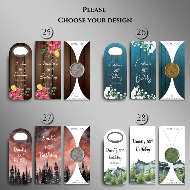 May include: Ten different designs for bottle stoppers. Each design features a different background and text. The text includes the name "Amelia", "Daniel", and the age and occasion of the event. The bottle stoppers are made of metal and have a wax seal.