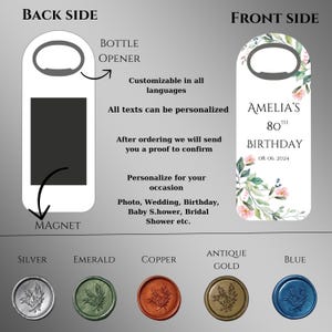 May include: A customizable bottle opener magnet with a photo frame and the text "Bottle Opener" and "Magnet". The magnet is available in silver, emerald, copper, antique gold, and blue.