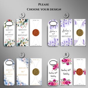 May include: Ten different designs for wine bottle stoppers. Each design features a different floral pattern and a wax seal. The text on the bottle stoppers says "Thank You" and "Celebrating with you".