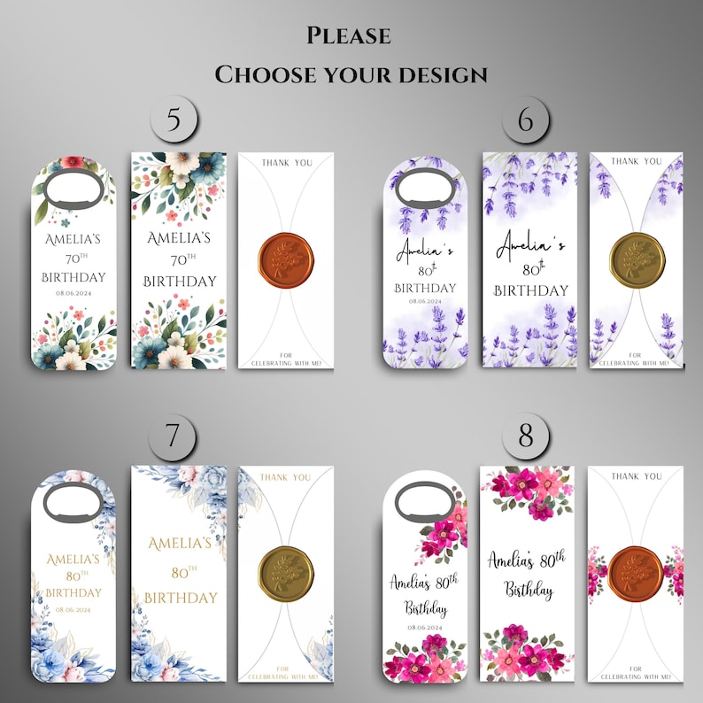 May include: Ten different designs for wine bottle stoppers. Each design features a different floral pattern and a wax seal. The text on the bottle stoppers says "Thank You" and "Celebrating with you".