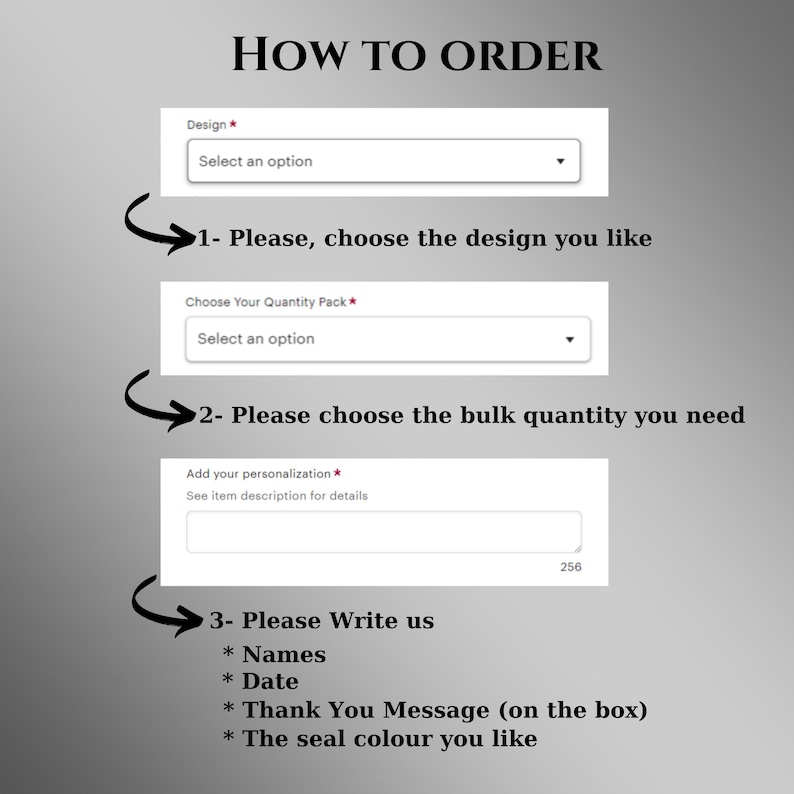 May include: How to order a custom design. Choose a design, quantity, and personalize with names, date, a message, and seal color.