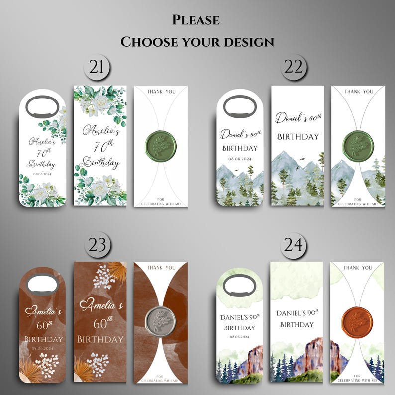 May include: Four different designs for wine bottle tags. Each tag features a different watercolor background and text that says "Amelia's 70th Birthday", "Daniel's 80th Birthday", "Amelia's 60th Birthday", and "Daniel's 90th Birthday".