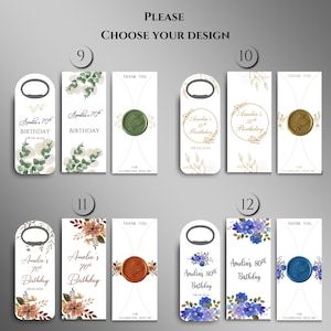 May include: Ten different designs for bottle stoppers with a bottle opener. The designs feature various floral patterns and a wax seal. The text on the bottle stoppers says "Amelia's Birthday" with a date.