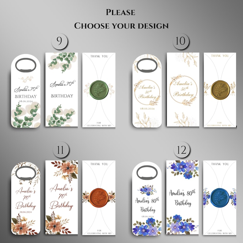 May include: Ten different designs for bottle stoppers with a bottle opener. The designs feature various floral patterns and a wax seal. The text on the bottle stoppers says "Amelia's Birthday" with a date.