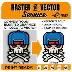 Op de afbeelding: Oranje afbeelding die een raster-naar-vector service promoot. De afbeelding toont een voor- en na-vergelijking van een schedelafbeelding met een blauwe pet. Tekst bevat "Zet uw vage afbeeldingen of logo's om in vector" en "Klaar om te printen!"
