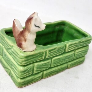 Fox Sitting on Green Brick Planter Cache Pot - 4-1/2" x 2-3/8"- Vintage - Reynard - Vixen