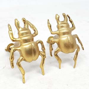 TWO - Scarab Stag Beetle Drawer or Cabinet Pulls - Gold Tone Metal - 2" long