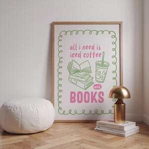 Iced Coffee and Books Print – Pastel Aesthetic Art for Book Lovers | Book and Coffee Wall Art | Gift for Readers & Coffee Lovers | Bookish