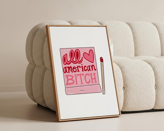 All American Bitch Matchbook Art Print | Feminist Wall Decor | Olivia Inspired Poster | Sassy Aesthetic Pink Room Art | Room & Dorm Decor