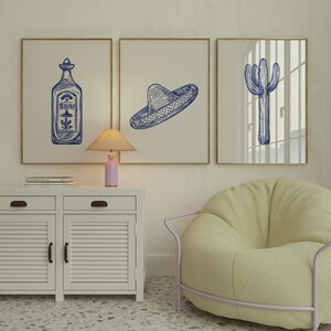 Set Tequila Flasche Mexikanischen Sombrero Kaktus Mexiko Blaue Wand Poster zum ausdrucken, Wandkunst, Dekoration, digitaler Download