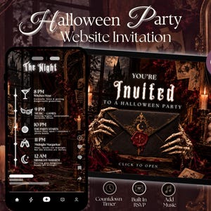 May include: A digital Halloween party website invitation displayed on a smartphone and tablet screen. The design features dark gothic imagery, skeletal hands holding a black envelope with a red wax seal, and text including "Halloween Party Website Invitation" and "You're Invited to a Halloween Party."