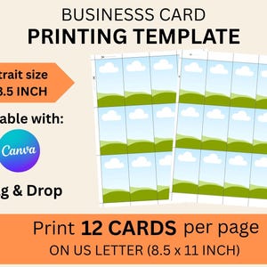 Puede incluir: Plantilla de impresión de tarjetas de visita de 5,08 x 8,89 cm en formato vertical. Editable con Canva, función de arrastrar y soltar. Imprime 12 tarjetas por página en papel US Letter (21,59 x 27,94 cm).
