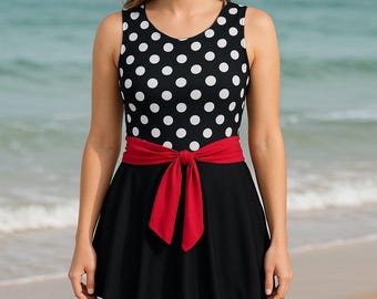 Small Modest Swim Dress Set – Tropical Wave Style,  Polka Dot Bodice & Separate Leggings