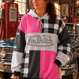 Upcycled Von Dutch Patchwork Hoodie – Pink, Plaid, Black – Lightweight Oversized Sweatshirt