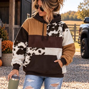 Upcycled Patchwork Cow Print Hoodie | Brown, Pumpkin, Heather Gray (Oversized)