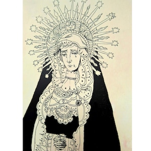 Illustration catholique - Vierge Marie -Dark academia -Print illustration encre carte postale A6