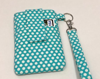 Sale-WRISTLET any cell phone holder sleeve bag for any iPhone 15/14/13 plus promax,any samsung galaxy s24 s23 s22 ultra travel case-teal dot