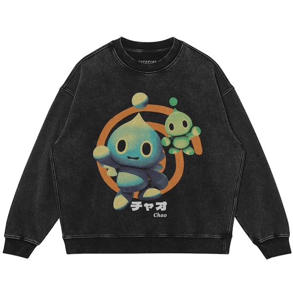Sonic Adventure Sweatshirt: Chao Oversized Faded Drop Shoulder Crewneck Sweatshirt