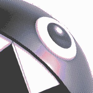 May include: Abstract digital art featuring a close-up of a cartoon character's face. The design uses a halftone dot pattern in shades of black, white, purple, and red. The character has a large white eye and a wide open mouth with sharp teeth.