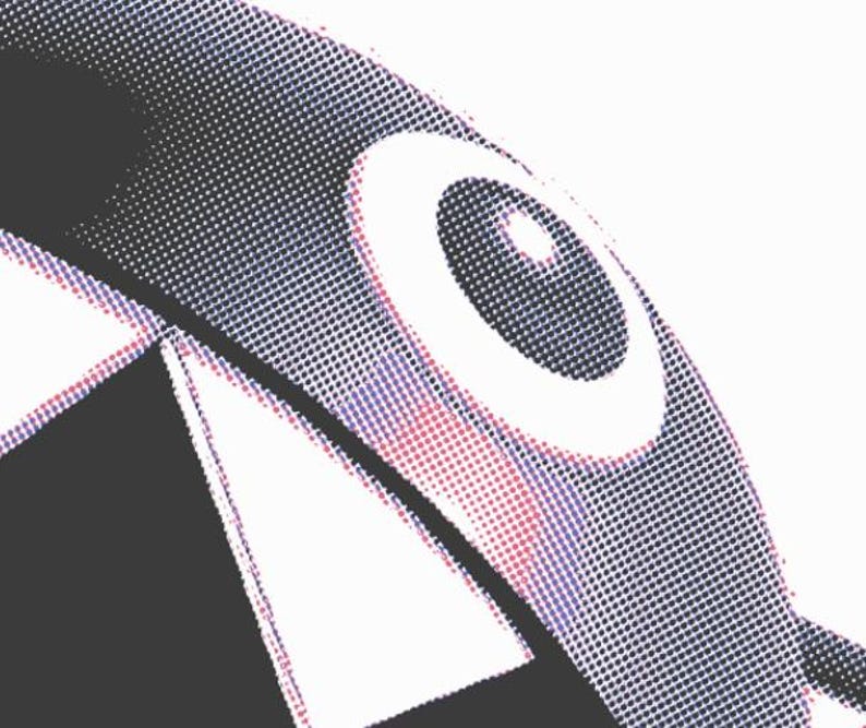 May include: Abstract digital art featuring a close-up of a cartoon character's face. The design uses a halftone dot pattern in shades of black, white, purple, and red. The character has a large white eye and a wide open mouth with sharp teeth.