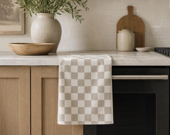 Neutral Buffalo Check Microfiber Tea Towel | Beige Checkered Kitchen Towel