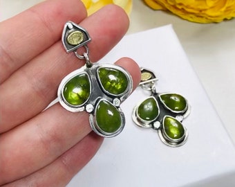 Olive Green Vesuvianite Sterling Silver Dangle Earrings, Gold Embellishments