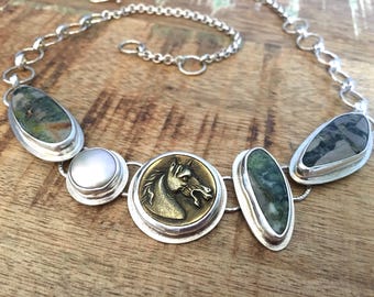 Wavellite South Sea Pearl Sterling Silver Necklace, Antique Brass Horse Button