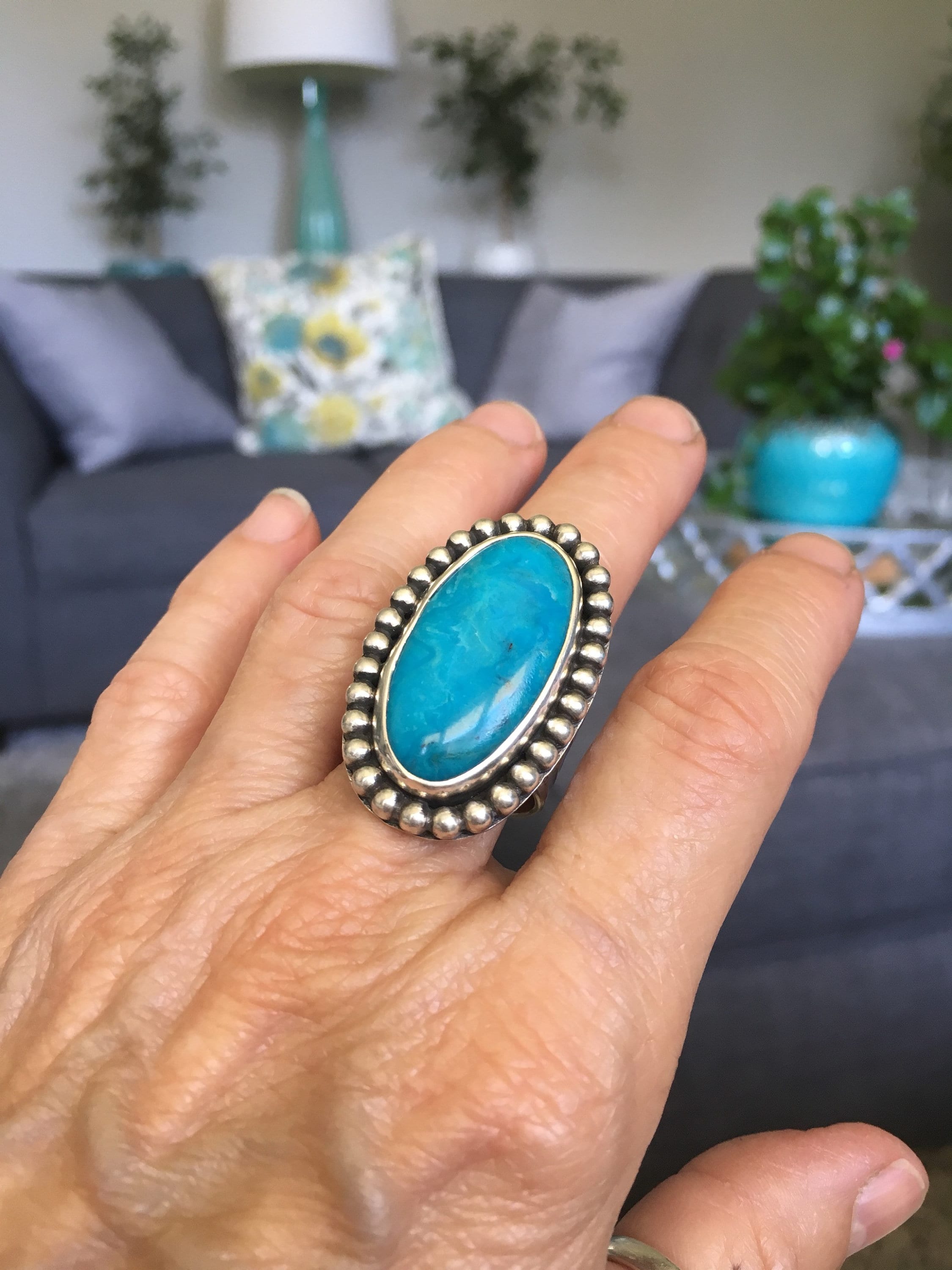 Handmade Arizona Turquoise Ring, Sterling Silver Beaded Band, Size