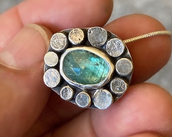 Teal Kyanite and Sterling Flower Pendant Necklace, Handmade Artisan Jewelry