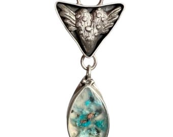 Sterling Silver Flying Heart Pendant with Chrysocolla, Native Copper in Chalcedony