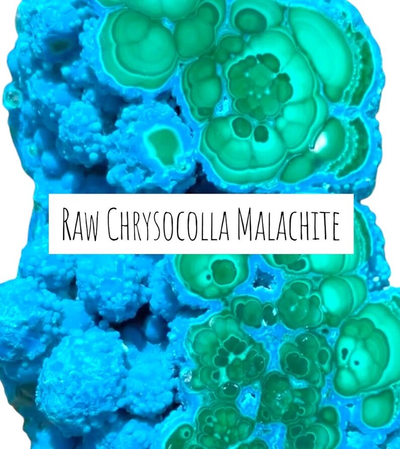 May include: A close-up of a raw chrysocolla malachite stone. The stone features a vibrant mix of teal and green hues, with a textured, crystalline appearance. The text "RAW CHRYSOCOLLA MALACHITE" is displayed in a white rectangular box.