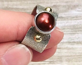 Copper Pearl Sterling Silver Ring, 18K Gold Accents, Size 7