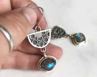 Unique, elegant, torch textured Sterling silver earrings with rose cut Labradorite dangle-accents.