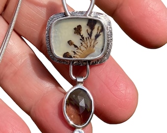 Dendritic Agate Sterling Silver Pendant Necklace with Smoky Quartz