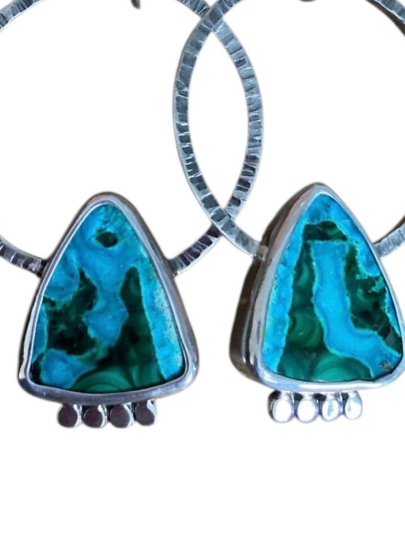Chrysocolla Malachite Sterling Silver Dangle Hoop Earrings, Boho Gemstone Jewelry image 3