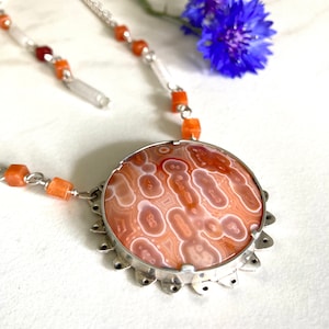 Crazy Lace Agate flower necklace with matching Agate beads, double Sterling chains and handcrafted finding. Striking Artisan flower necklace