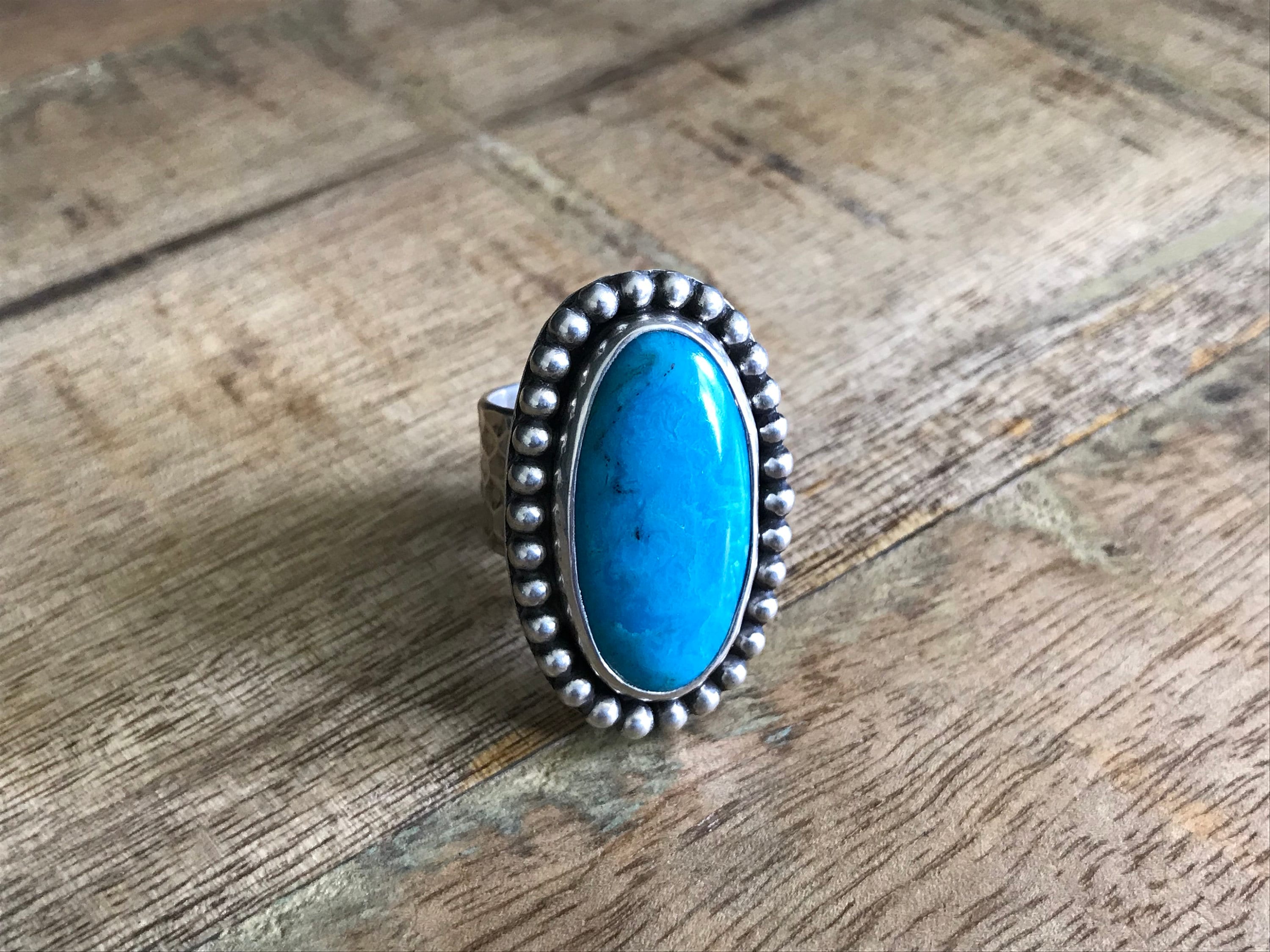 Handmade Arizona Turquoise Ring, Sterling Silver Beaded Band, Size