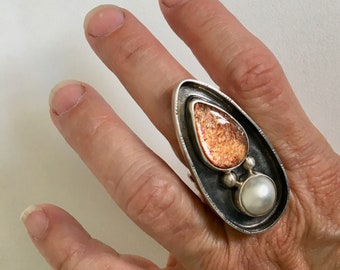 Anillo de plata de ley con piedra solar y perla Mabe, estilo bohemio, hecho a mano, talla 7