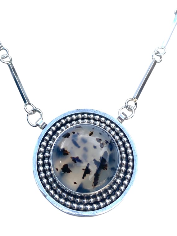 Montana Agate necklace. Black and white Montana Agate in Sterling Silver, handmade square bar chain, findings & ‘Blessed’ logo tag. Unique.