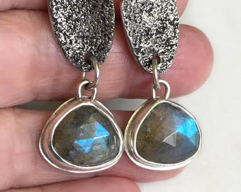 Blue Flash Labradorite Sterling Silver Earrings, Torch Textured Dangle