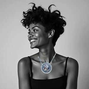 May include: A black and white portrait of a smiling person wearing a silver necklace. The necklace features a large, round pendant with a patterned design in shades of blue, white, and gray. The person is wearing a black tank top.