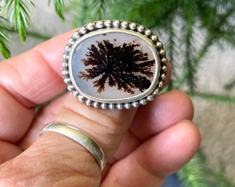Anillo de plata de ley con ágata dendrítica, talla 8.5, joyería con cuentas en forma de abanico marino. Anillo de ágata.
