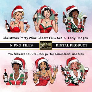 Conjunto PNG de saludos navideños con vino / Estilo festivo de pin-up / Sombrero de Papá Noel para mujer / Arte digital