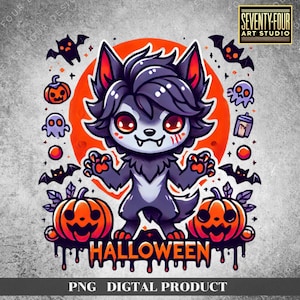 Puede incluir: Un hombre lobo de dibujos animados con ojos rojos y la nariz ensangrentada se encuentra frente a una luna llena. El hombre lobo está rodeado de decoraciones de Halloween, incluyendo calabazas, murciélagos y fantasmas. El texto "HALLOWEEN" está escrito debajo del hombre lobo.