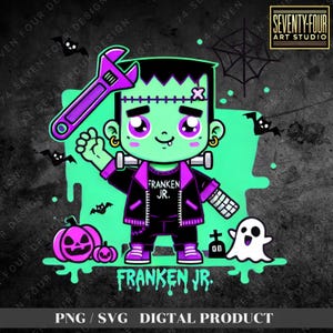Frankken Jr. Halloween SVG and PNG | Cute Frankenstein with Wrench and Ghosts for Halloween Decor