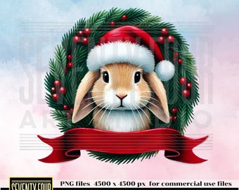 Weihnachtshasen-Kranz PNG - festlicher Feiertags-Clipart mit Weihnachtsmannmütze und roter Schleife