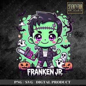 Franken Jr. Halloween SVG and PNG | Cute Baby Frankenstein with Chainsaw Design for Halloween Crafts