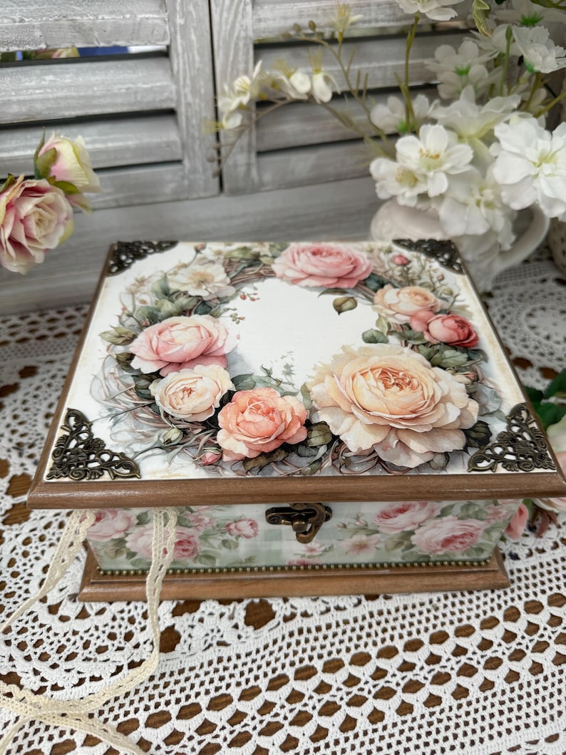 Vintage Floral Jewelry Box With Rose Wreath, Hand-painted Wooden ...