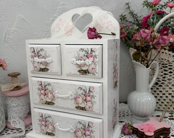 Shabby Chic Wooden Jewelry Dresser with Roses, Hand-Painted White Organizer for Crafts & Accessories, Textured Mini Chest Storage Box