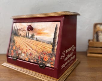 Tuscan Bread Box Large Wooden Storage Container, Italian Style Bread Keeper Cherry Burgundy Color, Hand Painted Rustic Kitchen Decor